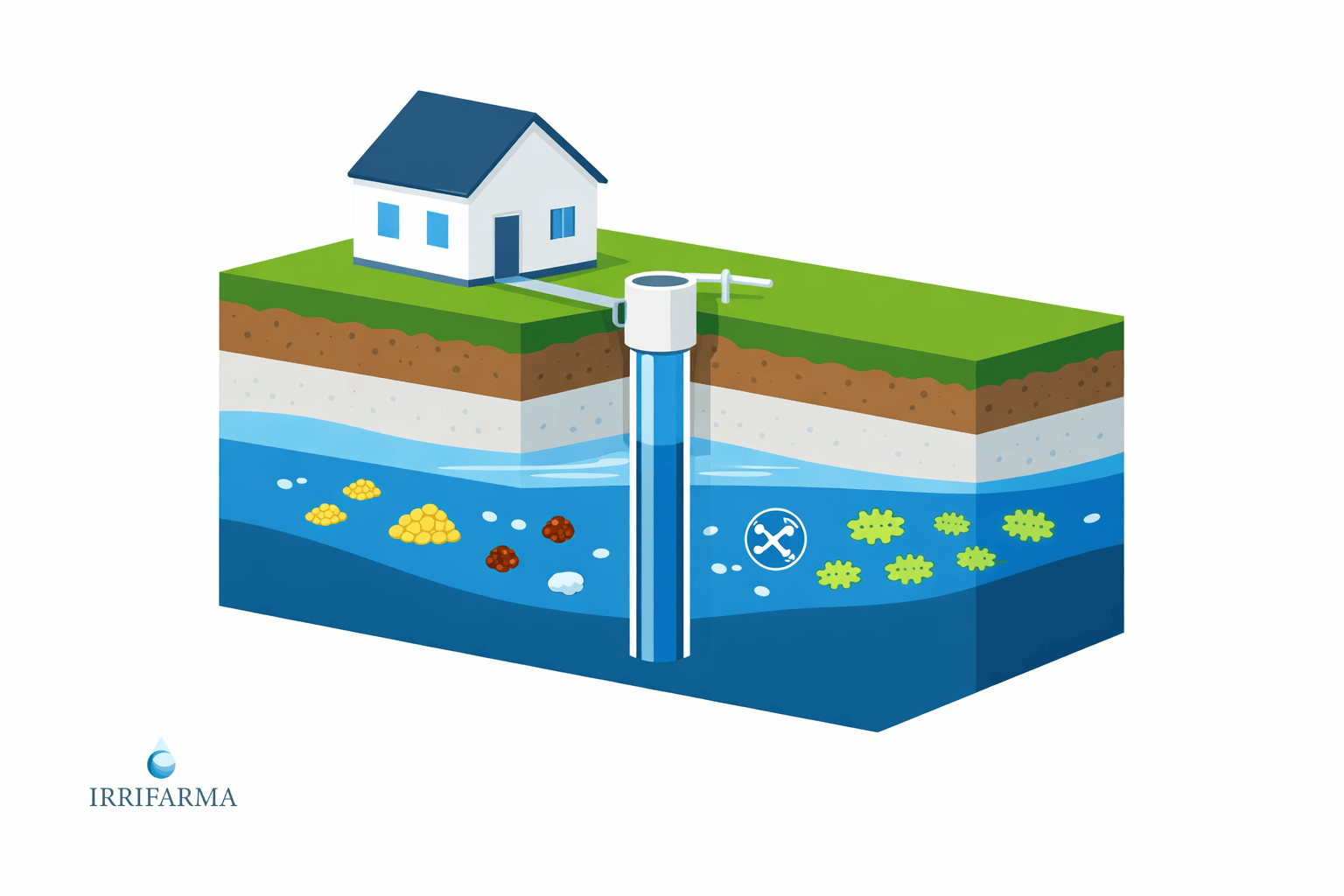 Sezione del terreno con pozzo artesiano e icone che indicano sabbia, ferro, nitrati e batteri nell’acqua di falda
